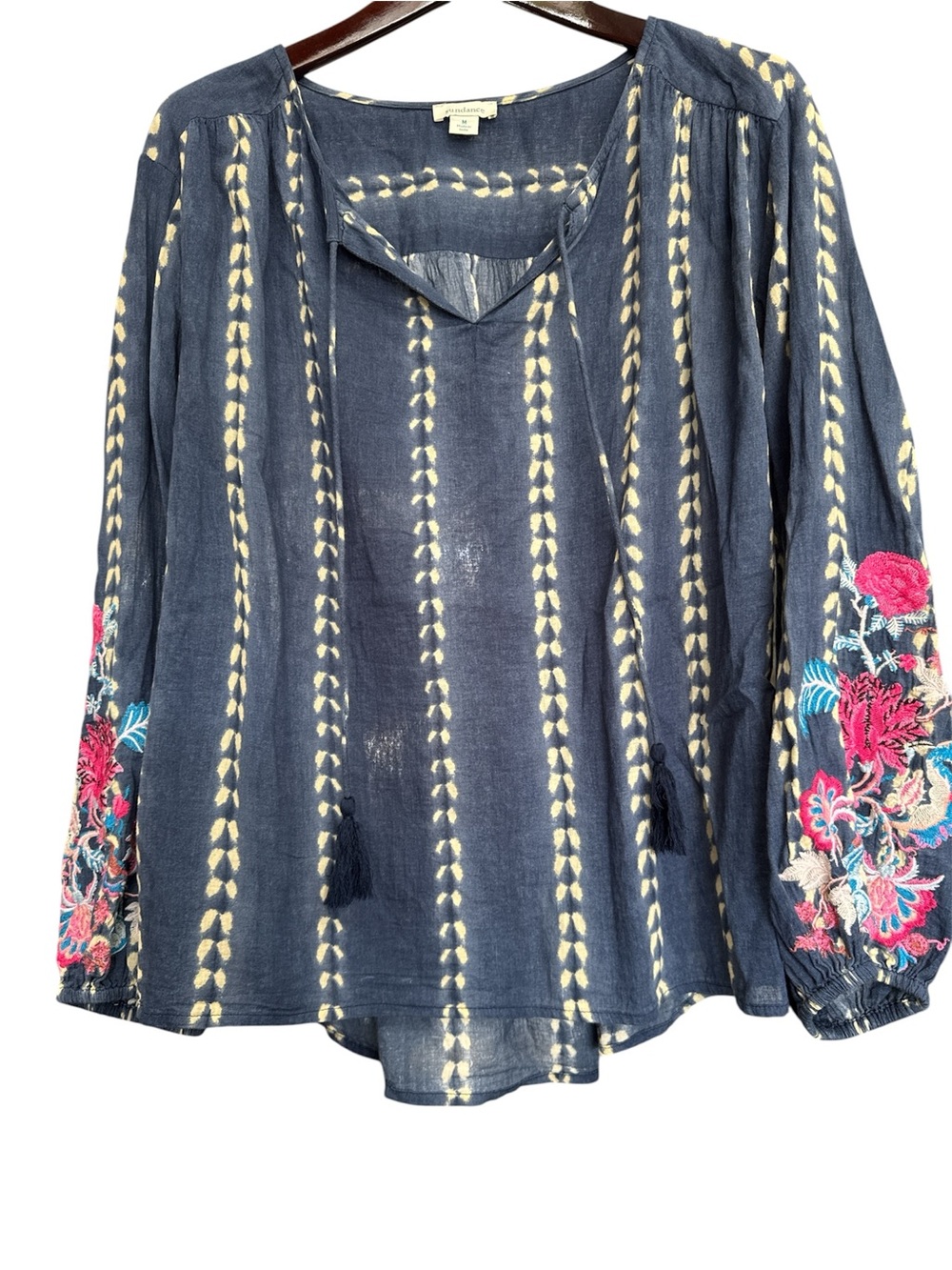 Sundance Navy Tunic with Cream Stripes and Floral Sleeve Embroidery